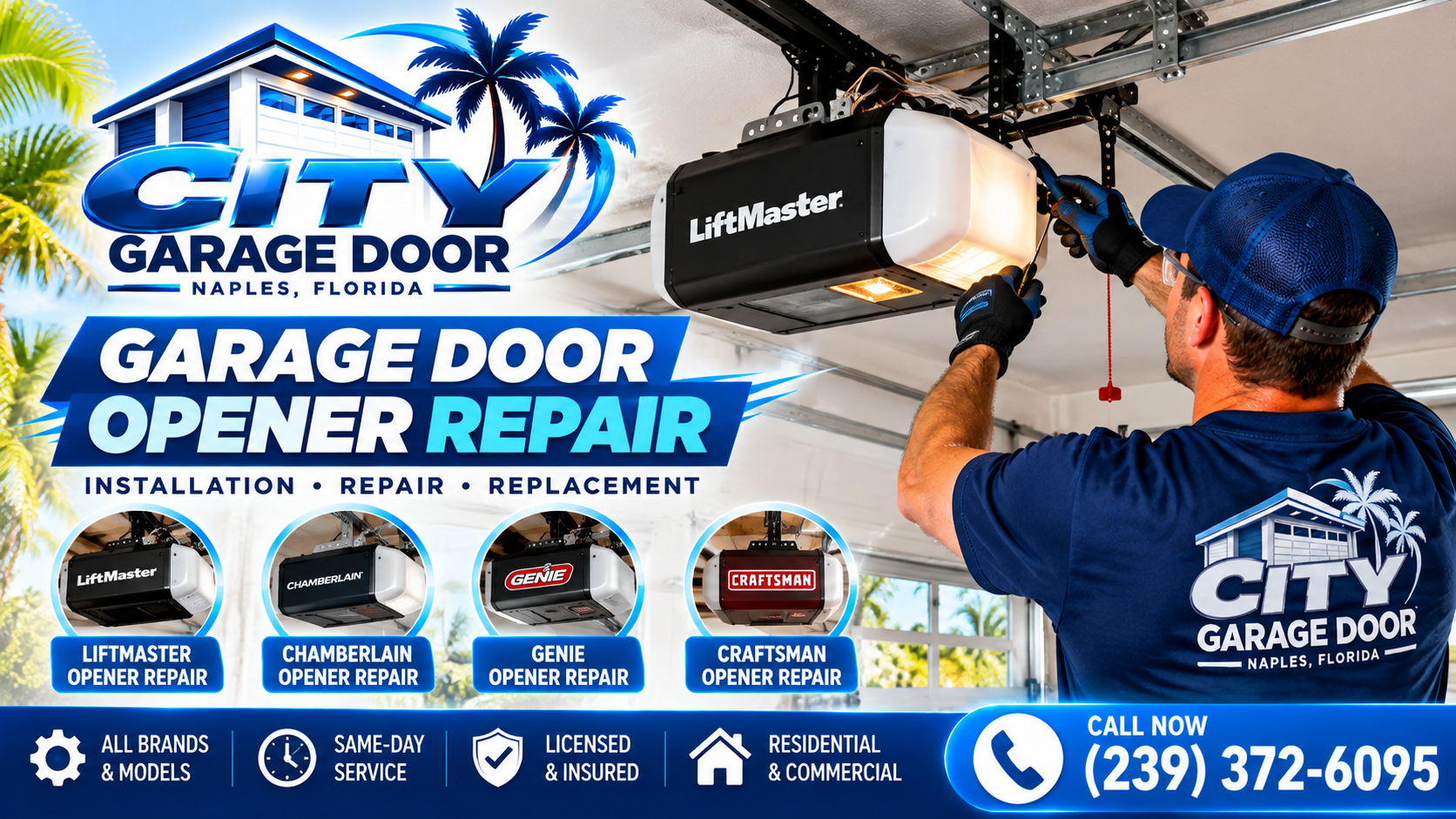 Garage door opener repair in Naples, FL - technician servicing a LiftMaster garage door opener