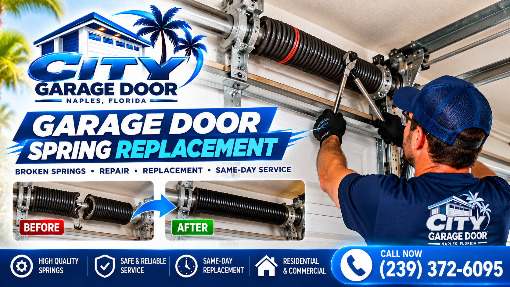 Broken Spring Replacement in East Naples, FL Broken Spring Replacement in East Naples, FL - technician fitting a new torsion spring in East Naples