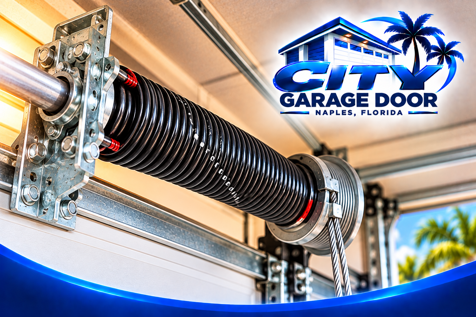 Garage door torsion spring and cable drum in Naples, FL - correctly tensioned spring assembly